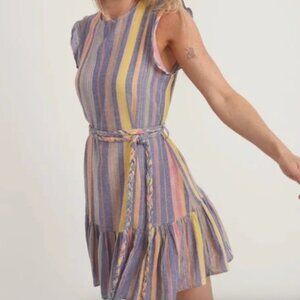 Marine Layer |  Laney Linen Striped Blue Variegated Tiered Mini Dress | Small
